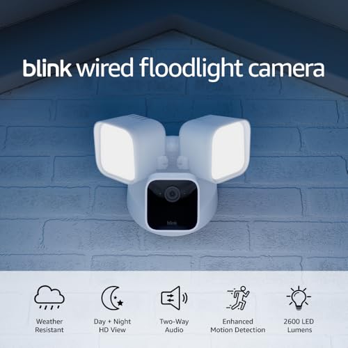 Blink Wired Floodlight Camera (newest model), Smart security camera, 2600 lumens, HD live view, enhanced motion detection, built-in siren, Works with Alexa – 1 camera (White)