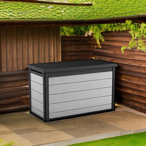 Keter Denali 200 Gallon Resin Large Deck Box with Double Wall 20mm Panels - Paintable and Drillable-Organization and Storage for Patio Furniture and Outdoor Items, Grey & Black