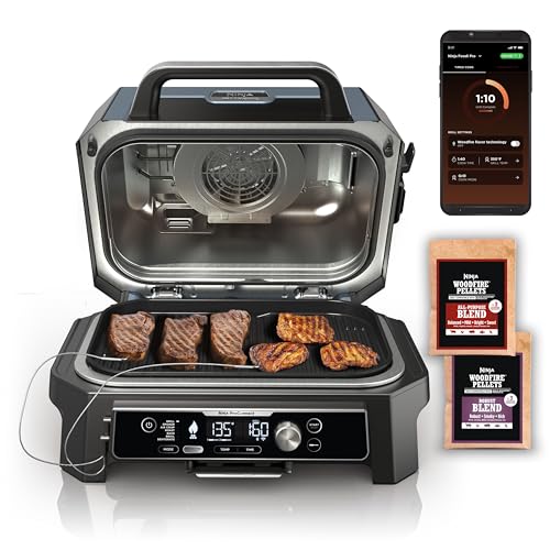 Ninja OG951 Woodfire Pro Connect Premium XL Outdoor Grill & Smoker, Bluetooth, App Enabled, 7-in-1 Master Grill, BBQ Smoker, Outdoor Air Fryer, Woodfire Technology, 2 Built-In Thermometers, Black