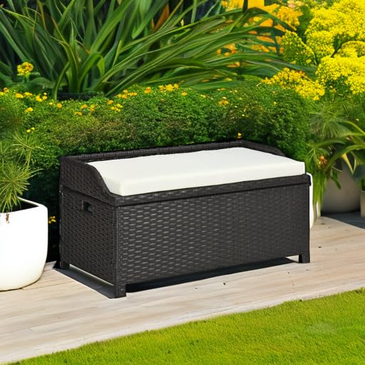 Outsunny Outdoor Wicker Storage Bench Deck Box, PE Rattan Patio Furniture Pool Container Storage Bin with Interior Waterproof Bag and Comfortable Cushion, Cream White