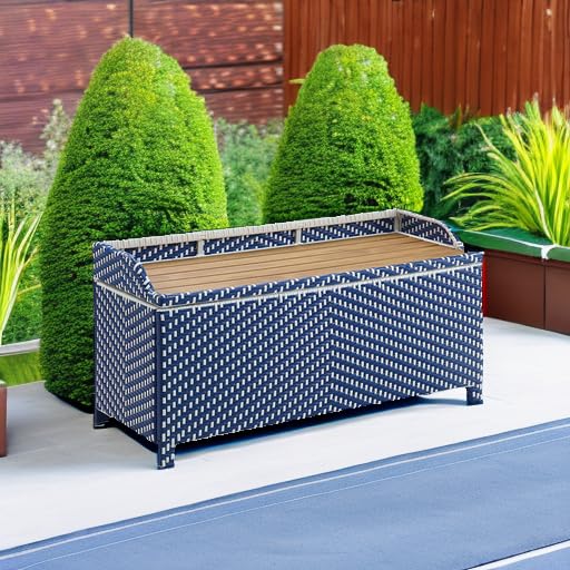 Greemotion Azur Beach Aluminum and All-Weather Wicker 41 in. Wide Storage Bench for Garden, Backyard, Patio, Pool Area, Porch, Navy Blue and White