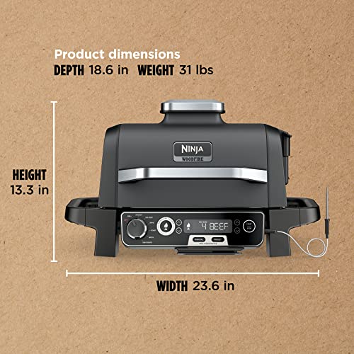 Ninja, Woodfire Pro Outdoor Grill and Smoker, Thermometer, BBQ Smoker, Air Fryer, Bake, Roast, Dehydrate, Broil, 7-in-1, Master Grill, Ninja Woodfire Pellets, Portable, Electric Grill, Grey, OG751BRN