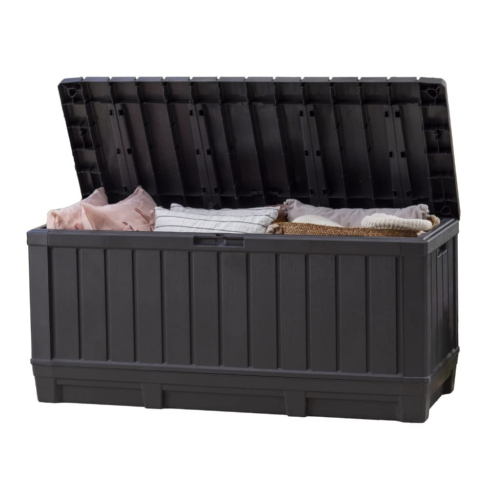 Keter Kentwood 92 Gallon Resin Deck Box-Organization and Storage for Patio Furniture Outdoor Cushions, Throw Pillows, Garden Tools and Pool Floats, Dark Grey