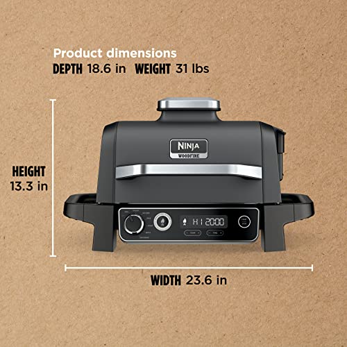 Ninja, Woodfire Pro Outdoor Grill and Smoker, Thermometer, BBQ Smoker, Air Fryer, Bake, Roast, Dehydrate, Broil, 7-in-1, Master Grill, Ninja Woodfire Pellets, Portable, Electric Grill, Grey, OG751BRN