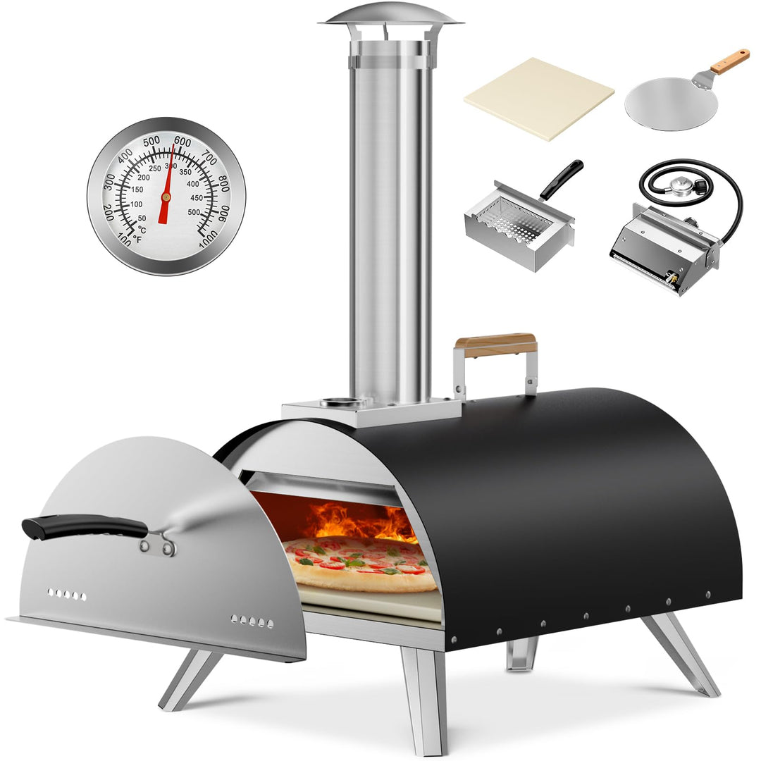 Multi-Fuel Pizza Oven Outdoor, 12" Portable Wood and Gas Fired Pizza Oven with Thermometer,Gas Hose & Pizza Stone,Heats up to 1000°F,Stainless Steel Pizza Oven for Backyard or Camping (Black)