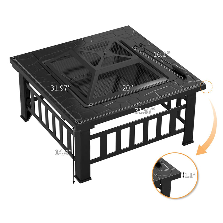 Flamaker Outdoor Fire Pit 32 Inch Patio Square Metal Firepit with Cover Poker & Grate Wood Burning Fireplace Backyard Stove for Outside Heating Camping