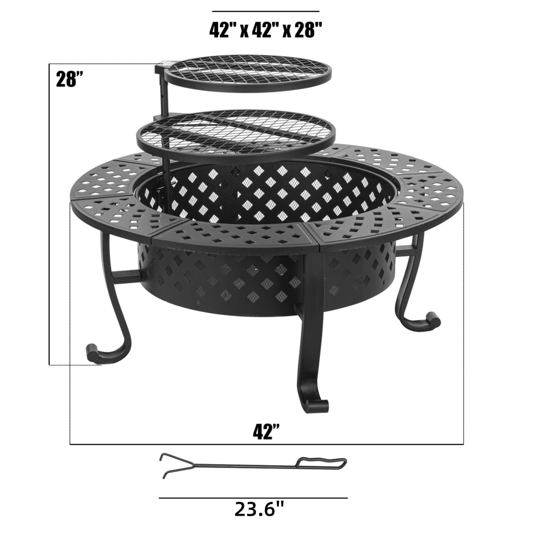 Panovue 42 Inch Fire Pit with 2 BBQ Grills, Wood Burning Fire Pits for Outside with Lid & Fire Poker, BBQ& Outdoor Firepit & Round Metal Table 3 in 1 for Patio, Picnic, Party