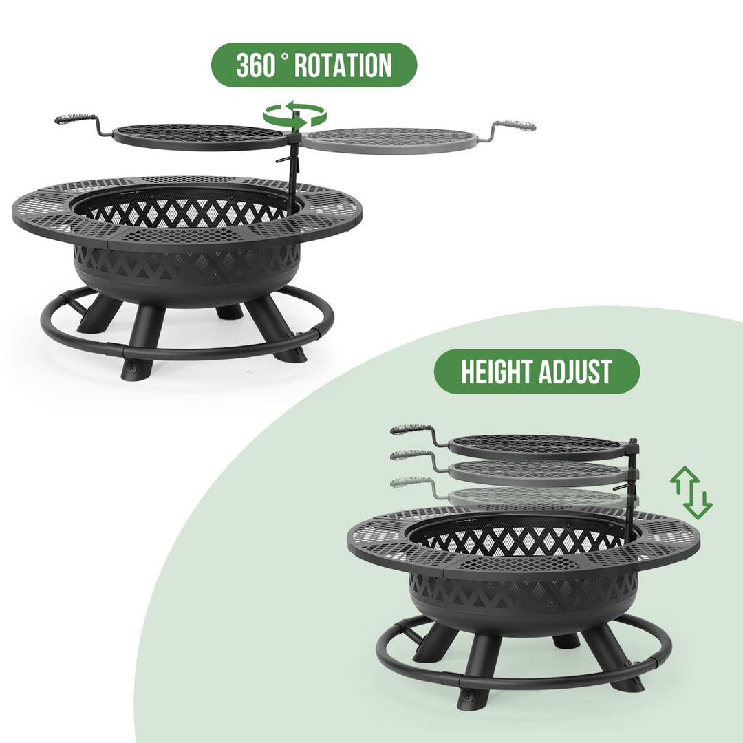 Panovue 36 Inch Fire Pit with Grill, Wood Burning Fire Pits for Outside with Lid& Fire Poker, Round Metal Fire Pit Table 3 in 1 with Cooking Grate,Outdoor Fire Pit for Yard Patio Bonfire Camping,Black