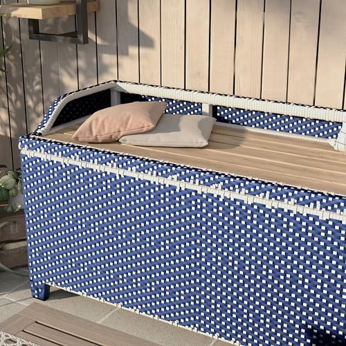 Greemotion Azur Beach Aluminum and All-Weather Wicker 41 in. Wide Storage Bench for Garden, Backyard, Patio, Pool Area, Porch, Navy Blue and White