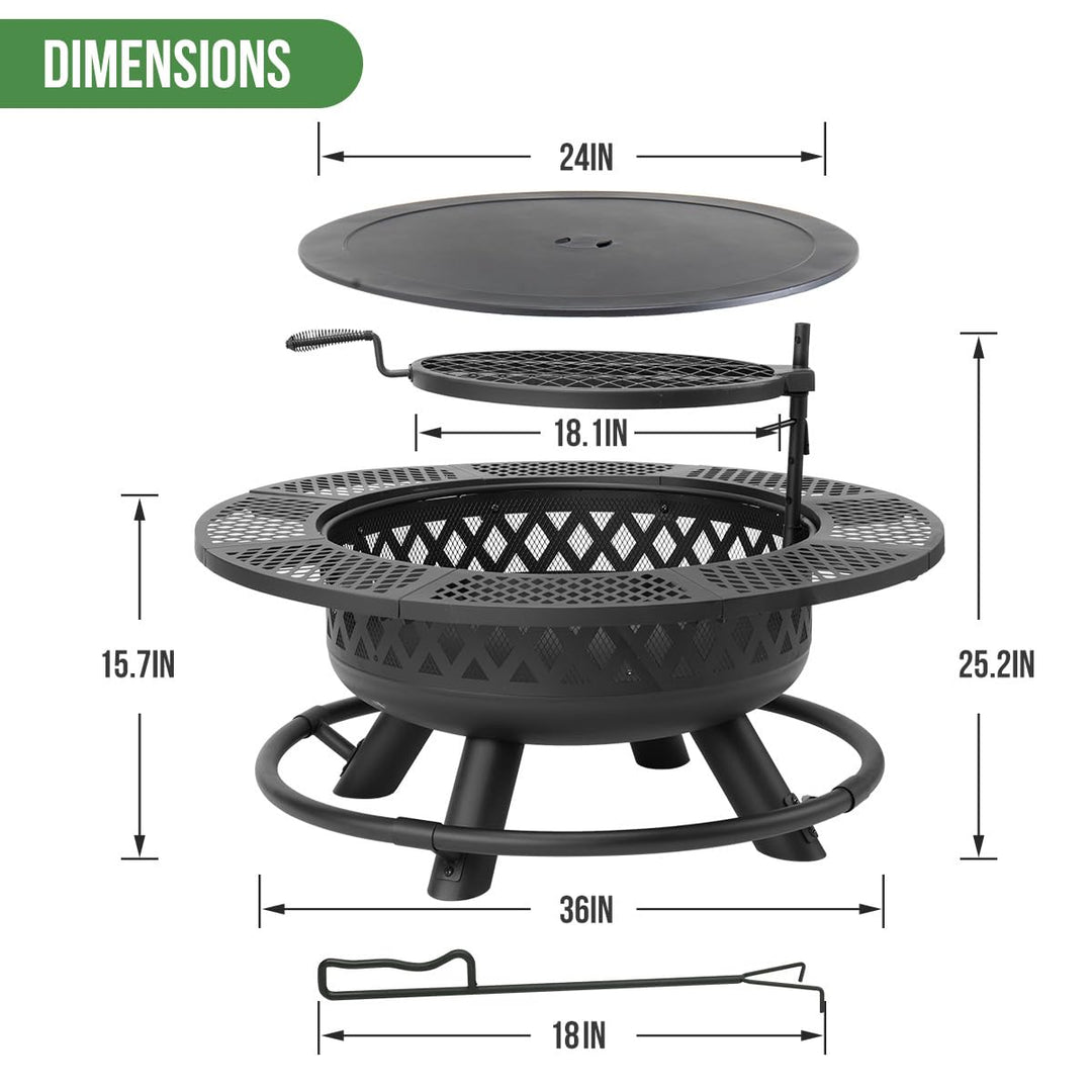 Panovue 36 Inch Fire Pit with Grill, Wood Burning Fire Pits for Outside with Lid& Fire Poker, Round Metal Fire Pit Table 3 in 1 with Cooking Grate,Outdoor Fire Pit for Yard Patio Bonfire Camping,Black