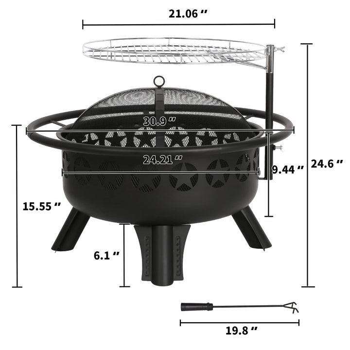 Hykolity 2 in 1 Fire Pit with Grill, Large 31" Wood Burning Fire Pit with Swivel Cooking Grate Outdoor Firepit for Backyard Bonfire Patio Outside Picnic BBQ, with Spark Cover, Fire Poker