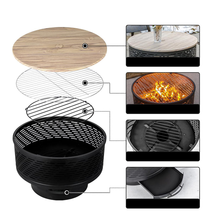 OutVue 26" Wood Burning Fire Pits with Grill & Lid, Fire Pit Table for Outside with Waterproof Cover & Fire Poker, Outdoor Firepit with Functions for BBQ,Table and Bonfire