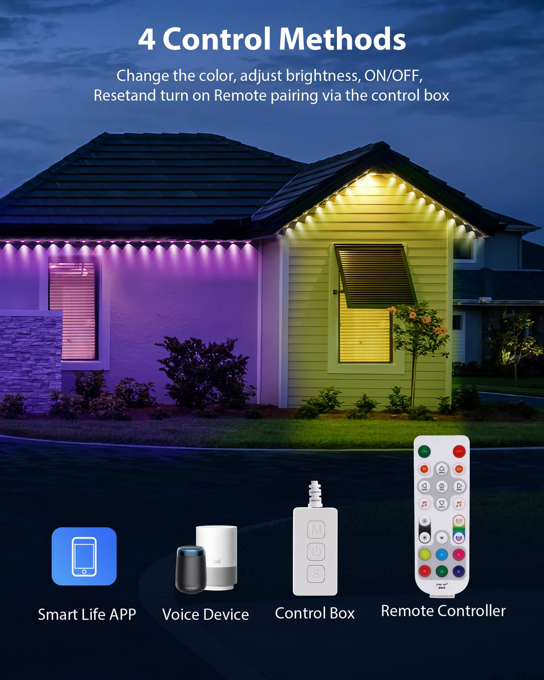 Fussion Permanent Outdoor Lights for House 300ft, IP68 Waterproof Outside Lights with 4 Control Methods, Smart RGB Plus IC Eaves Lighting for Christmas All Holiday Decorations