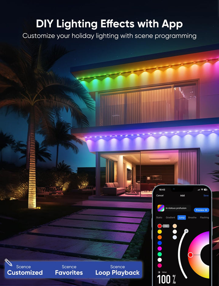 APPECK Permanent Outdoor Lights Pro 200ft, RGBCW Smart Eaves Lights with 144 LED Lights, Dual Lens, Cuttable, 111 Scene Modes, IP67 Waterproof Lighting for Christmas, Work with Alexa, White