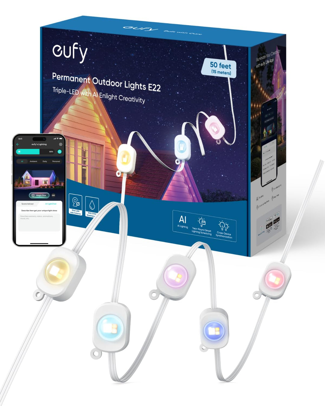 eufy Permanent Outdoor Lights E22, 50ft with 30 Triple-LED Lights, Smart RGBWW Christmas Lights, Daily and Holiday, IP67 Waterproof, AI Lighting Themes for Christmas Decorations, Links with Cameras