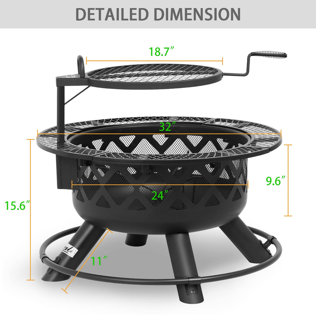 BALI OUTDOORS Wood Burning Fire Pit with Quick Removable Cooking Grill, Black, 32in