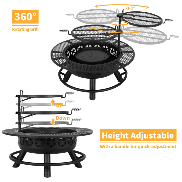 Hykolity 35 Inch Fire Pit with 2 Cooking Grate & Charcoal Pan, Outdoor Wood Burning BBQ Grill Firepit Bowl with Cover Lid, Steel Round Table for Backyard Bonfire Patio Picnic