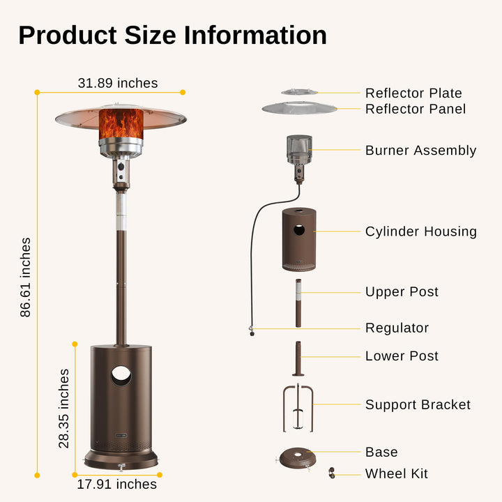 EAST OAK 48,000 BTU Patio Heater for Outdoor Use With Round Table Design, Double-Layer Stainless Steel Burner and Wheels, Outdoor Patio Heater for Home and Commercial, Bronze, 31.9" x 31.9" x 86.6"