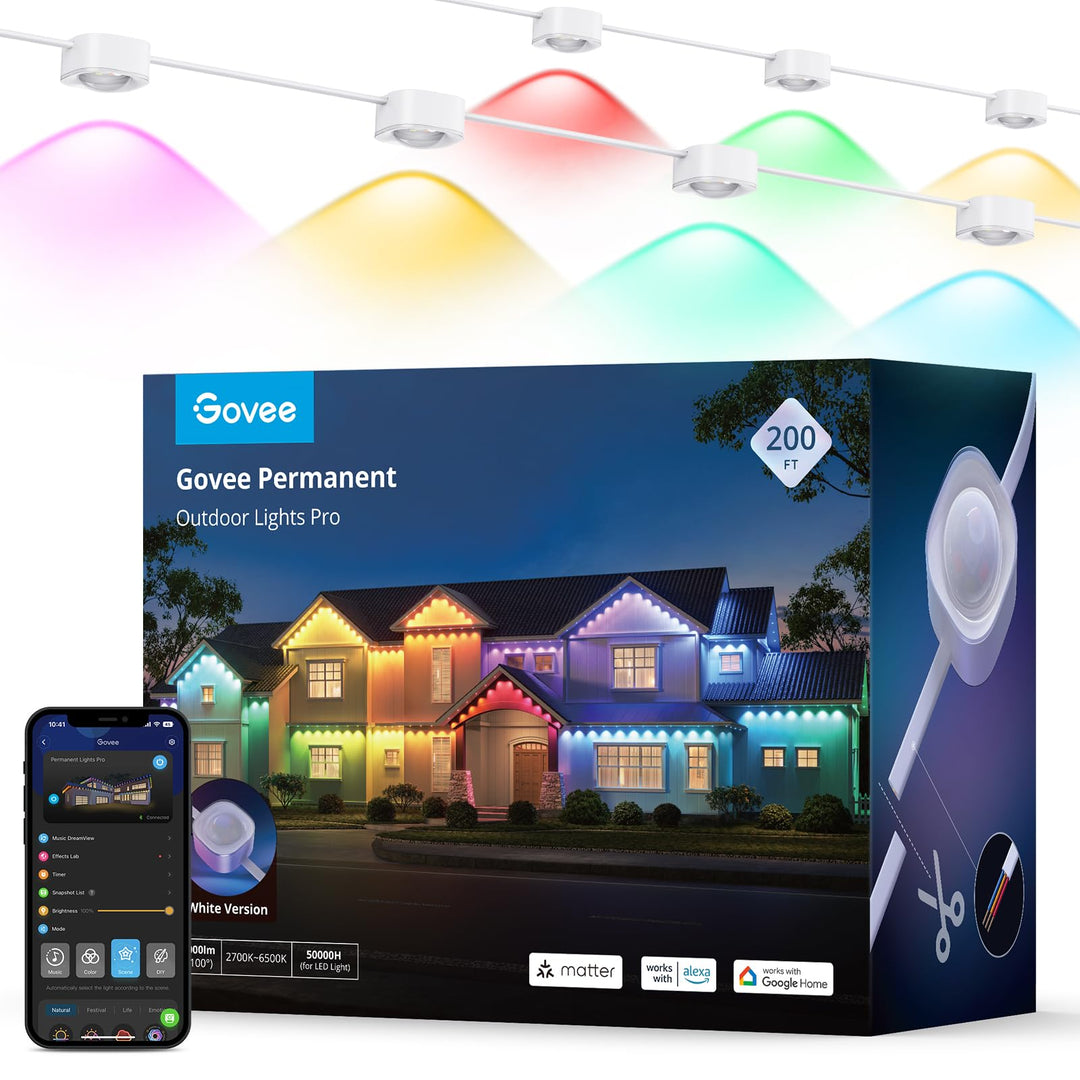 Govee Permanent Outdoor Lights Pro, 200ft with 120 RGBIC LED Lights for Daily and Accent Lighting, 75 Scene Modes for Christmas, IP67 Waterproof, Works with Alexa, Google Assistant, Matter, White