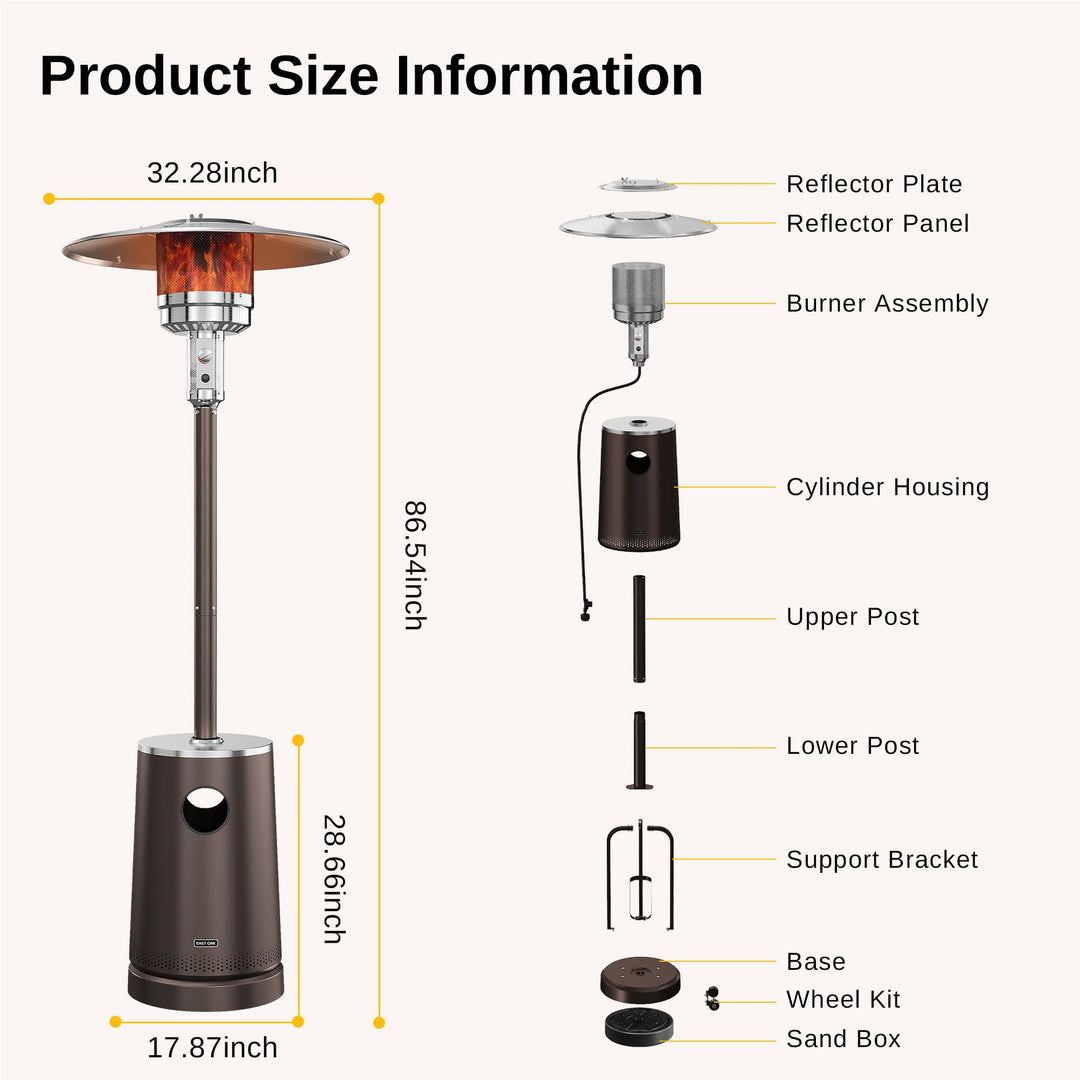 EAST OAK 50,000 BTU Patio Heater with Sand Box, Table Design, Double-Layer Stainless Steel Burner, Wheels, Triple Protection System, Outdoor Heater for Home and Residential, Pinecone