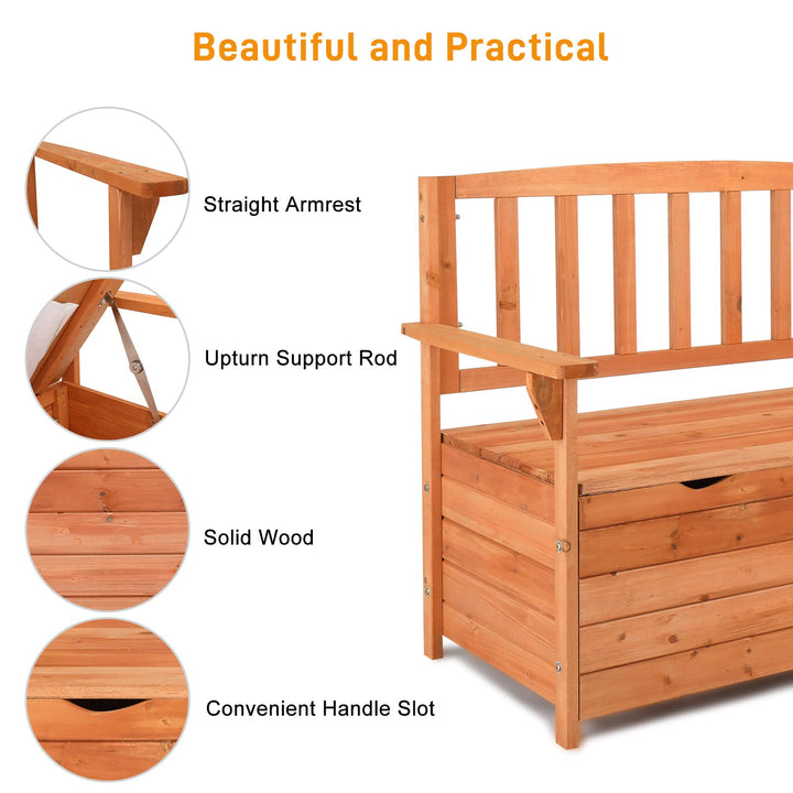 Outvita Outdoor Wood Storage Bench, Wooden Large Deck Box with Seating & Armrest, Waterproof Patio Organizer Loveseat for Garden Porch Deck Backyard Poolside, Natural