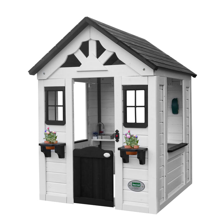 Backyard Discovery Sweetwater All Cedar White Modern Outdoor Wooden Playhouse, Cottage, Sink, Stove, Windows, Kitchen with Pot and Pans and Utensils, Flowerpot Holders, Working Doorbell, Ages 2-6