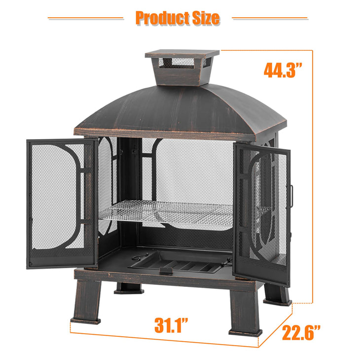 Panovue 45" H×31''W Metal Chiminea Fire Pit with Grill, Wood Burning Fire Pits for Outside,Square Chimineas Fireplace with Mesh Spark Screen Door& Fire Poker for Garden,Yard,BBQ,Bonfire