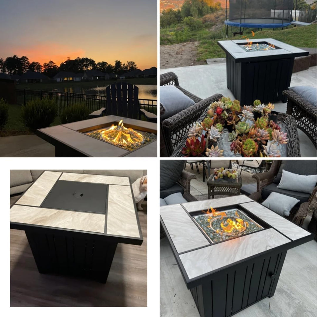 OutVue 30" Propane Fire Pit with Real Ceramic Tabletop, 50000 BTU Gas Fire Pit Table with Lid & Glass Rock, Outdoor Fire Pit for Dining or Party, Firepit for Outside, Patio, Garden, Yard