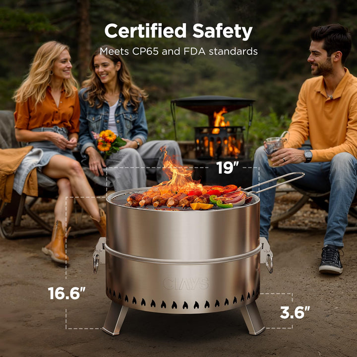 CIAYS Smokeless Firepit, 19 Inch Fire Pit for Camping with Patented Technology, Portable Fire Pit for Outside with Steel Grill Rack, Fire Poker, and Bag, Easy Setup and Storage, Wood Burning