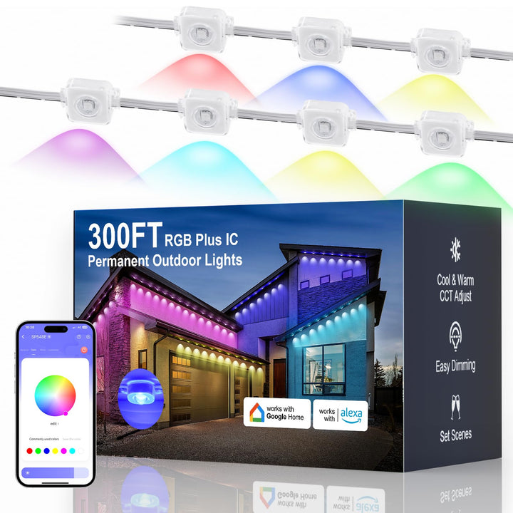 Fussion Permanent Outdoor Lights for House 300ft, IP68 Waterproof Outside Lights with 4 Control Methods, Smart RGB Plus IC Eaves Lighting for Christmas All Holiday Decorations