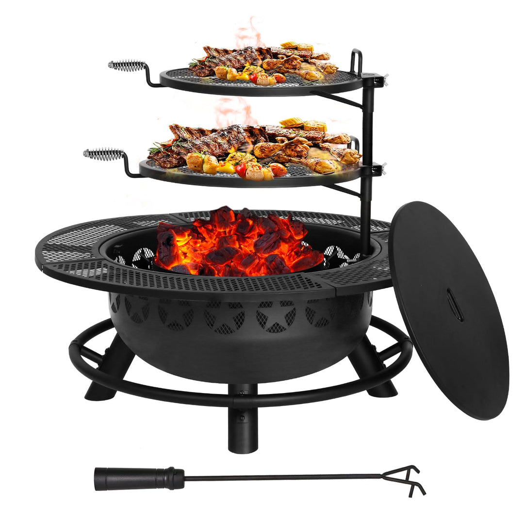 Hykolity 35 Inch Fire Pit with 2 Cooking Grate & Charcoal Pan, Outdoor Wood Burning BBQ Grill Firepit Bowl with Cover Lid, Steel Round Table for Backyard Bonfire Patio Picnic