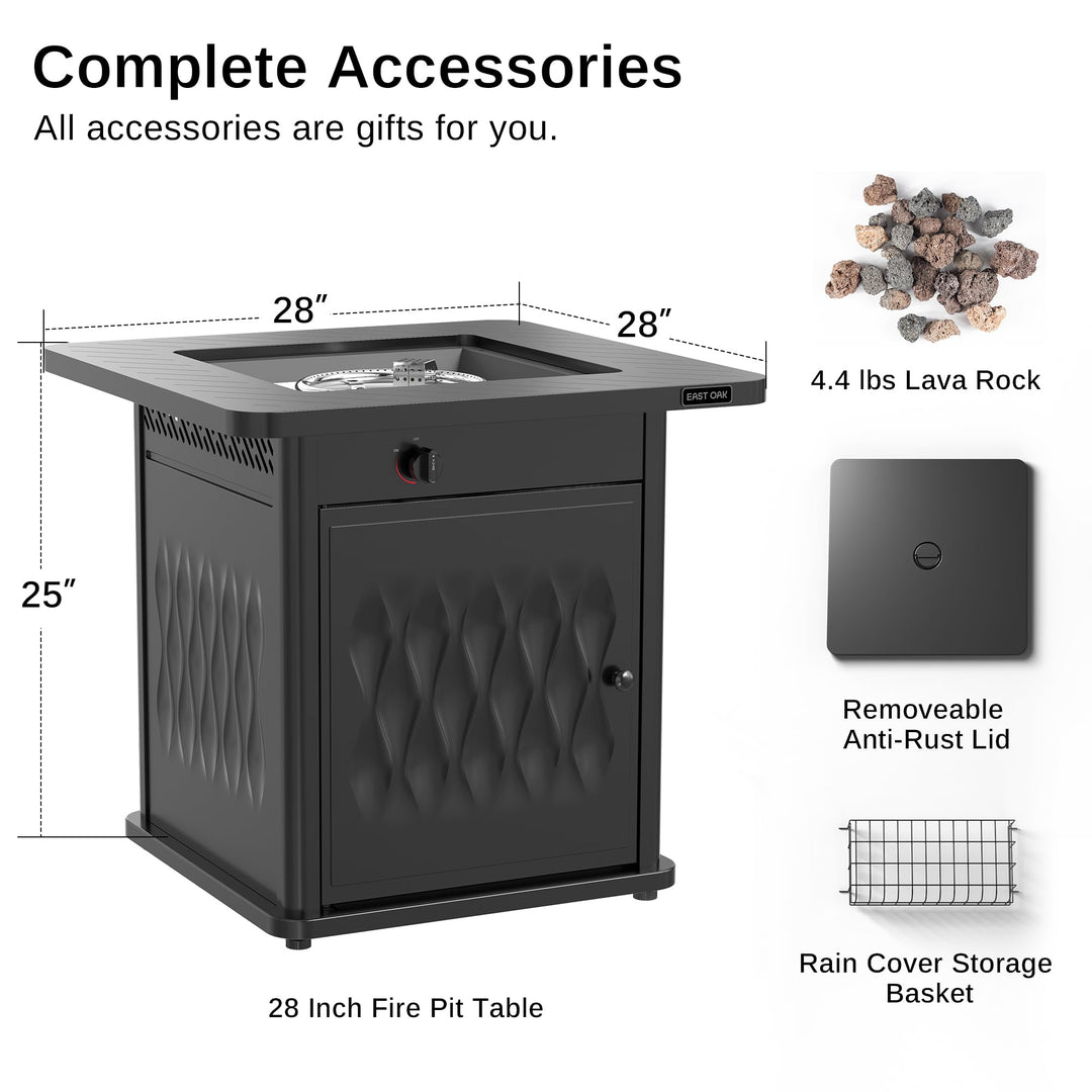 EAST OAK 28'' Propane Fire Pit Table, 50,000 BTU Steel Gas FirePit for Outdoor, Outside Patio Deck and Garden, CSA Certified Fire Table with Magnetic Lid, Cover-Storage Basket and Lava Rock , Black