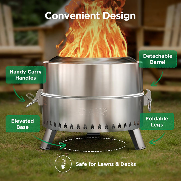 CIAYS Smokeless Firepit, 19 Inch Fire Pit for Camping with Patented Technology, Portable Fire Pit for Outside with Steel Grill Rack, Fire Poker, and Bag, Easy Setup and Storage, Wood Burning