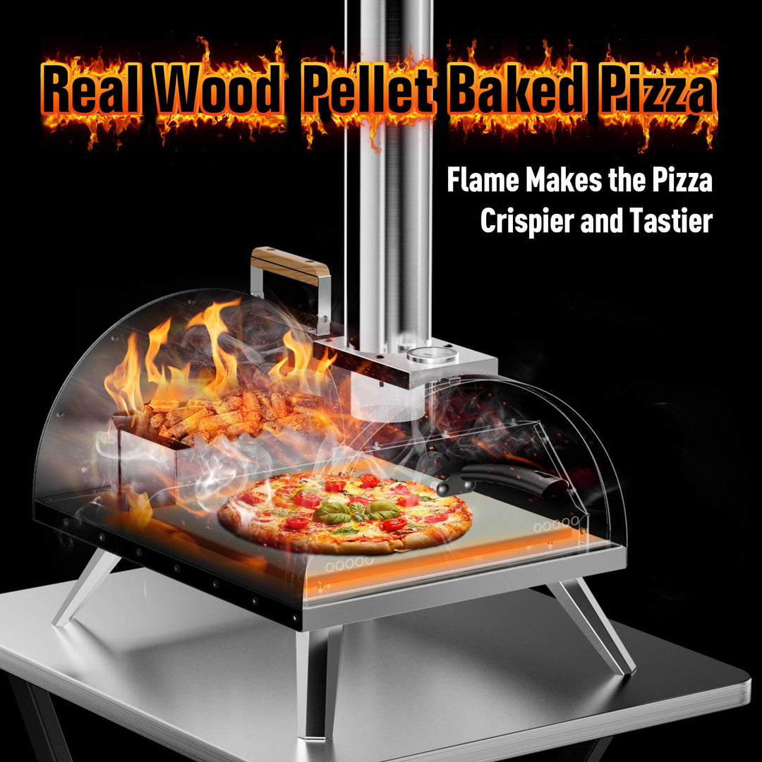 Multi-Fuel Pizza Oven Outdoor, 12" Portable Wood and Gas Fired Pizza Oven with Thermometer,Gas Hose & Pizza Stone,Heats up to 1000°F,Stainless Steel Pizza Oven for Backyard or Camping (Black)