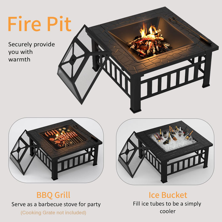 Flamaker Outdoor Fire Pit 32 Inch Patio Square Metal Firepit with Cover Poker & Grate Wood Burning Fireplace Backyard Stove for Outside Heating Camping