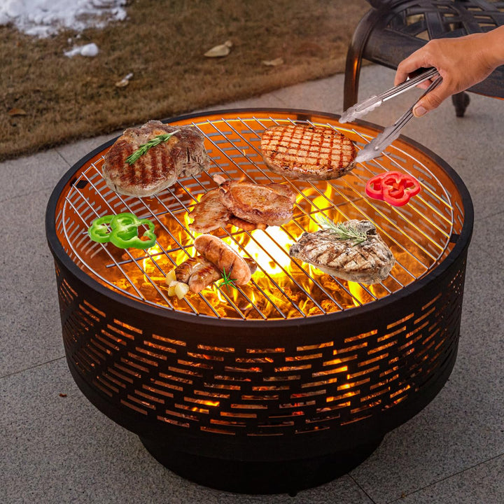 OutVue 26" Wood Burning Fire Pits with Grill & Lid, Fire Pit Table for Outside with Waterproof Cover & Fire Poker, Outdoor Firepit with Functions for BBQ,Table and Bonfire