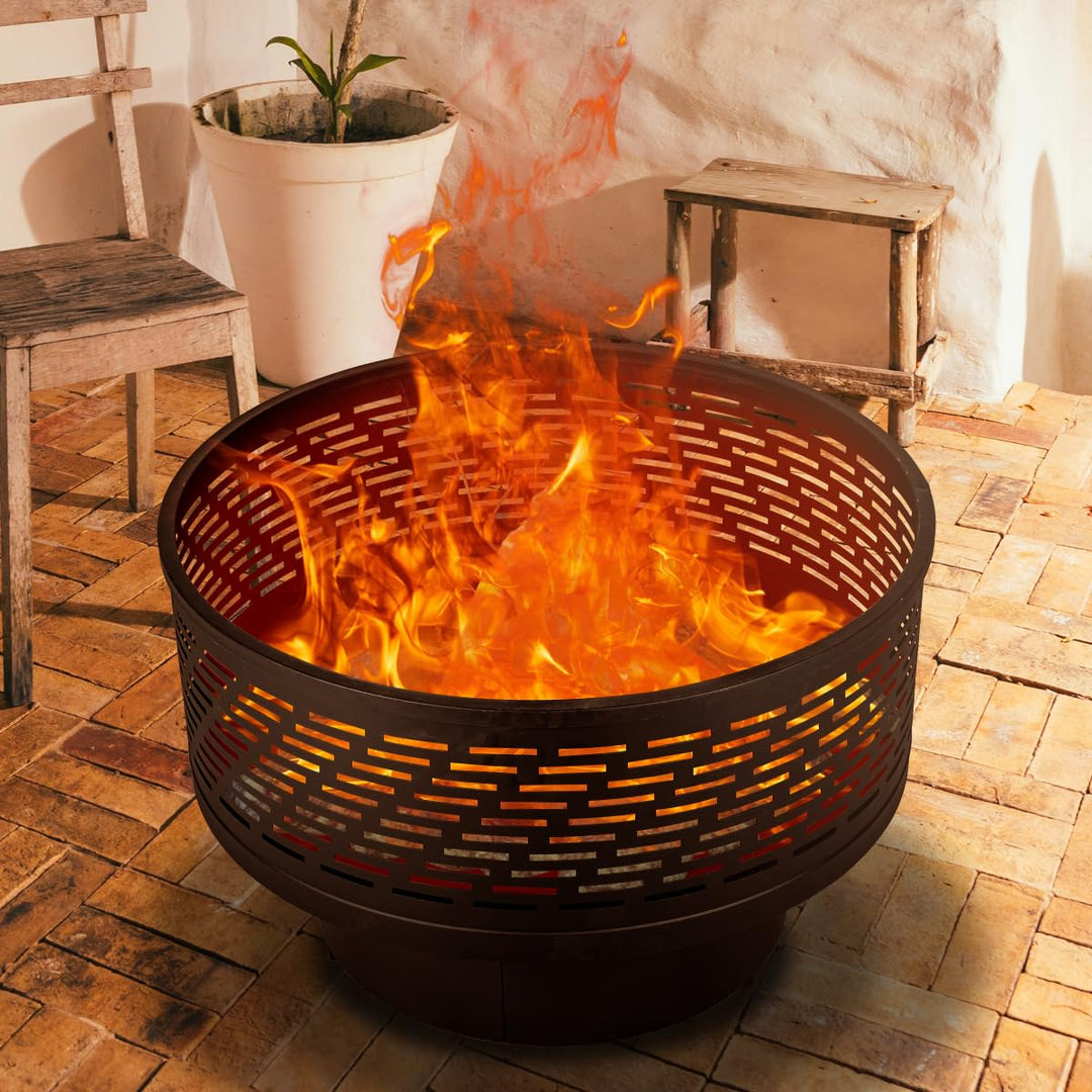 OutVue 26" Wood Burning Fire Pits with Grill & Lid, Fire Pit Table for Outside with Waterproof Cover & Fire Poker, Outdoor Firepit with Functions for BBQ,Table and Bonfire