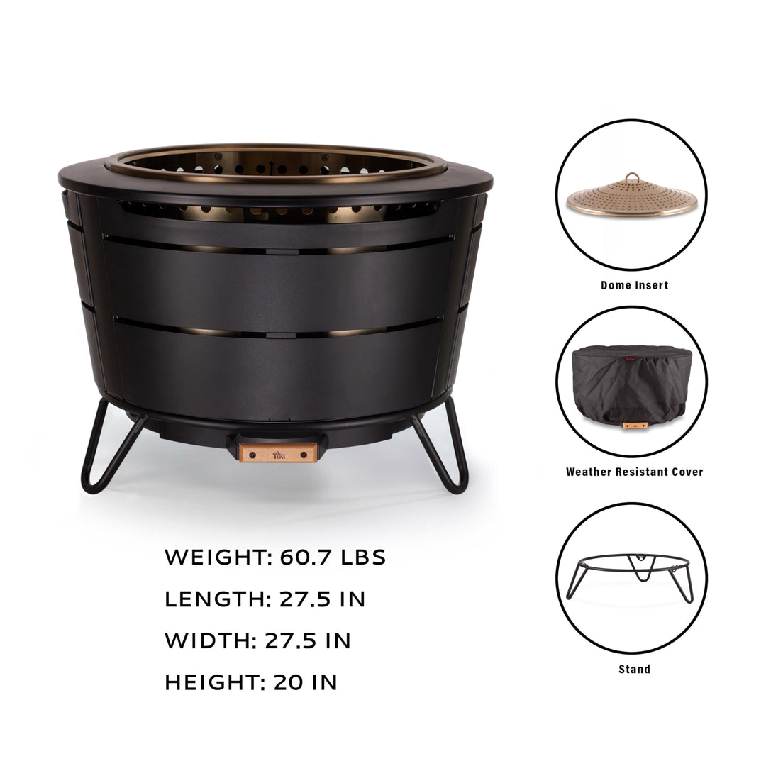 TIKI Brand Smokeless 27.5 in. Reunion Fire Pit, Large Wood Burning Outdoor Fire Pit, Great for Large Gatherings - Includes Modern Design with Removable Ash Pan and Weather Resistant Cover, Black