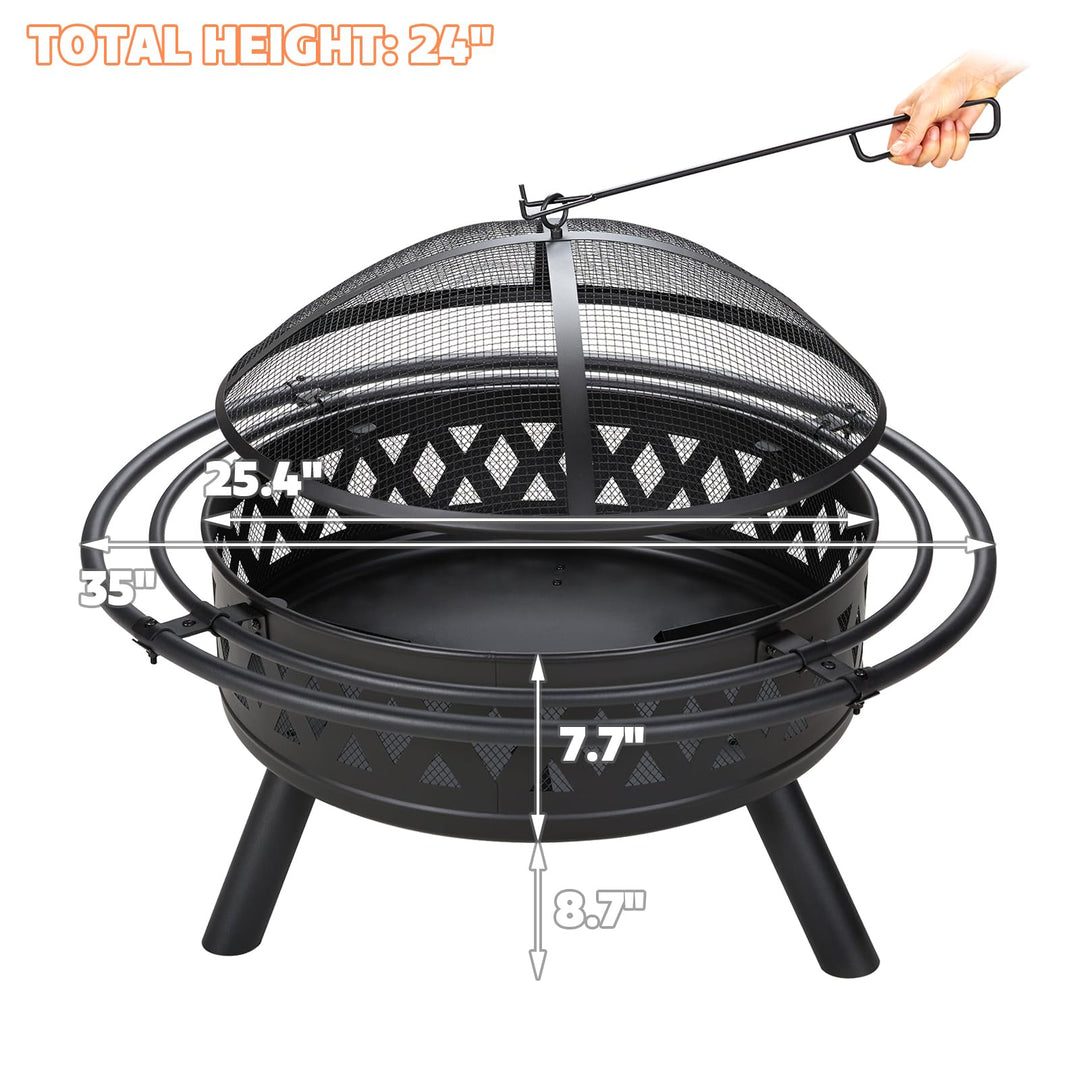 fissfire 35 Inch Fire Pit, Outdoor Wood Burning Fire Pit Crossweave with Spark Screen Fire Poker with 2 Loops, for Backyard Patio Garden Bonfire, Black