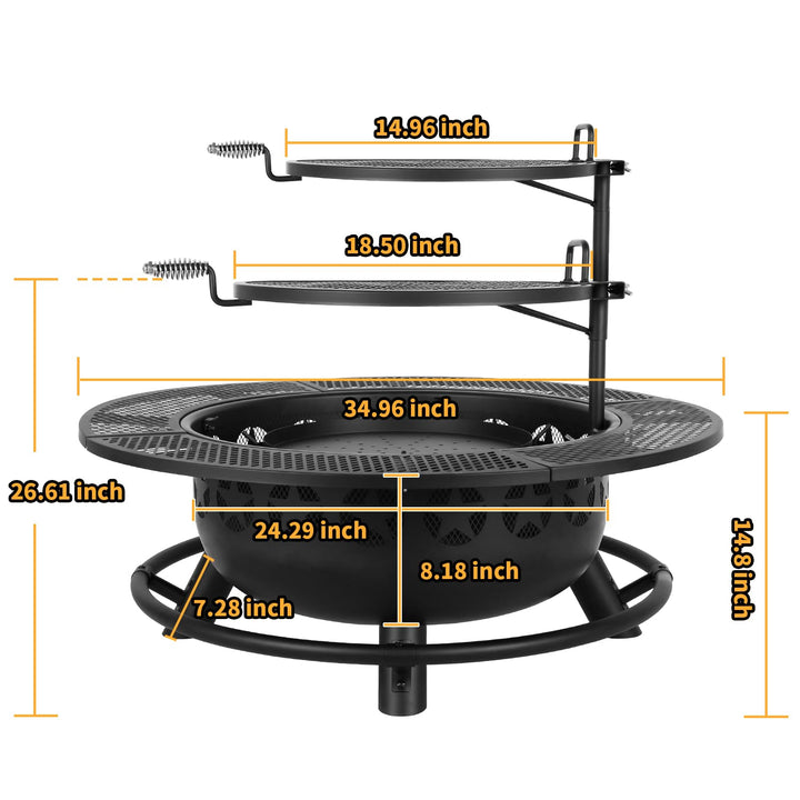 Hykolity 35 Inch Fire Pit with 2 Cooking Grate & Charcoal Pan, Outdoor Wood Burning BBQ Grill Firepit Bowl with Cover Lid, Steel Round Table for Backyard Bonfire Patio Picnic