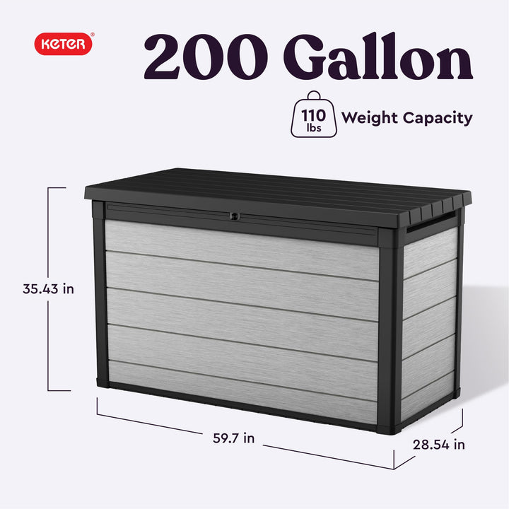 Keter Denali 200 Gallon Resin Large Deck Box with Double Wall 20mm Panels - Paintable and Drillable-Organization and Storage for Patio Furniture and Outdoor Items, Grey & Black