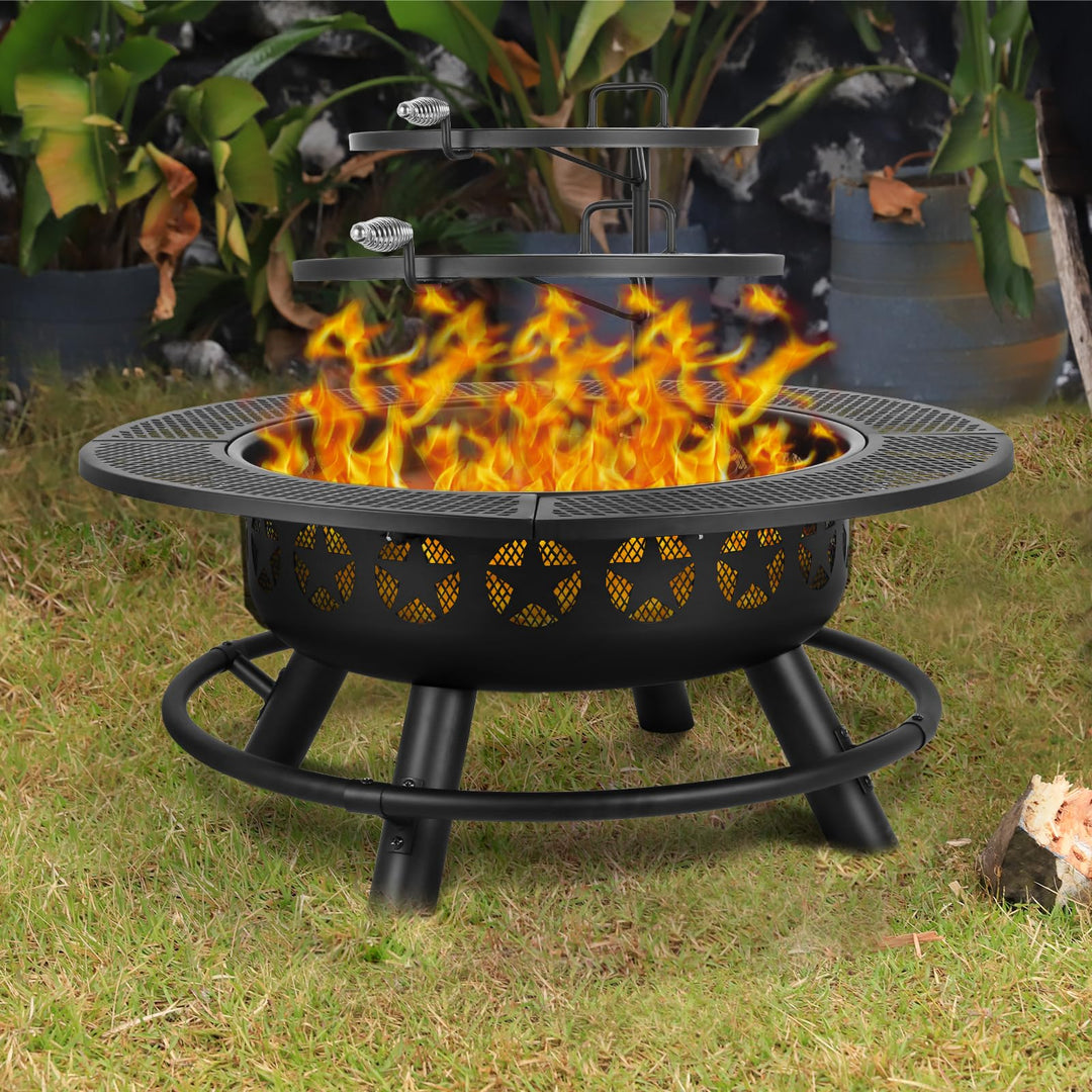 Hykolity 35 Inch Fire Pit with 2 Cooking Grate & Charcoal Pan, Outdoor Wood Burning BBQ Grill Firepit Bowl with Cover Lid, Steel Round Table for Backyard Bonfire Patio Picnic