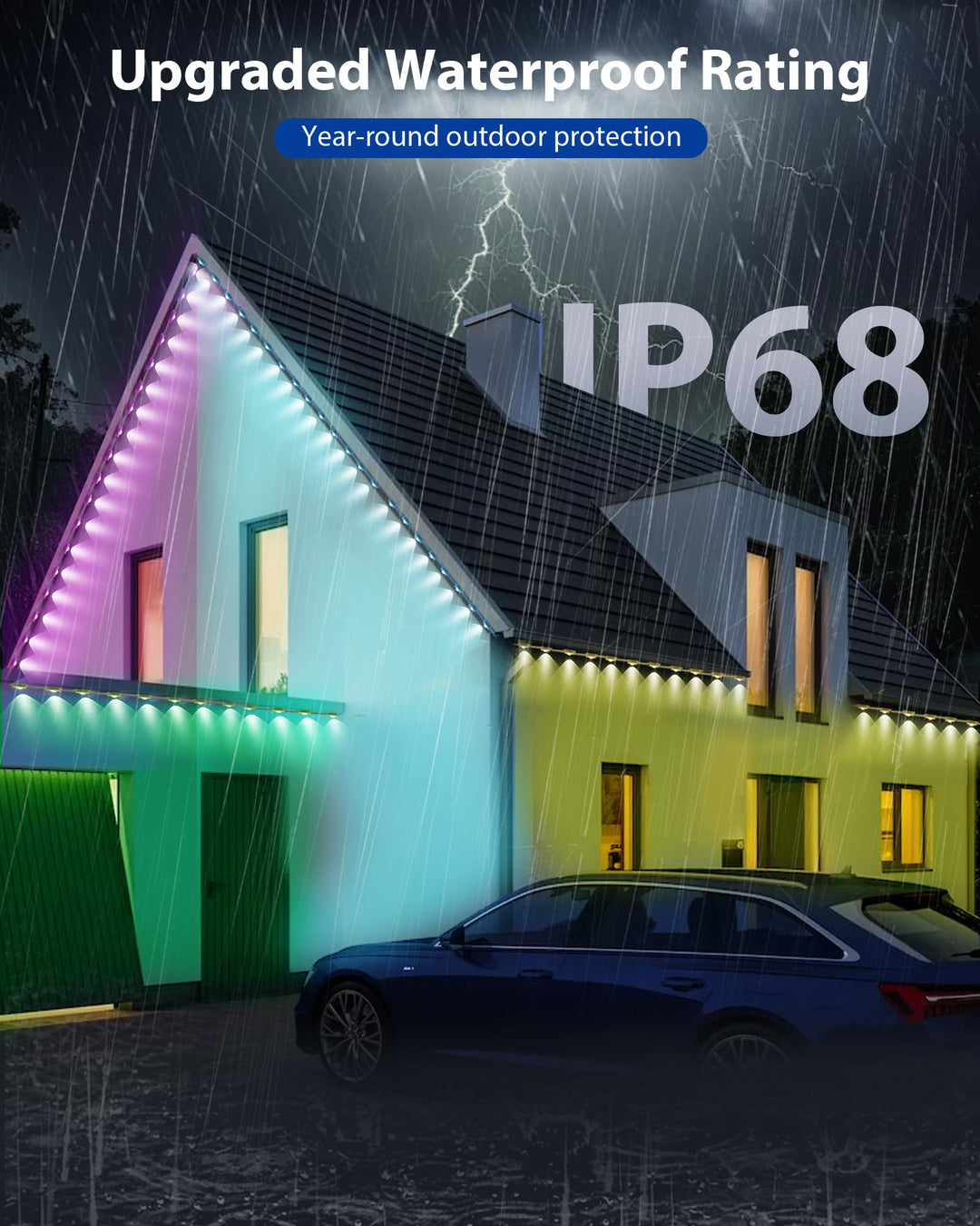 Fussion Permanent Outdoor Lights for House 300ft, IP68 Waterproof Outside Lights with 4 Control Methods, Smart RGB Plus IC Eaves Lighting for Christmas All Holiday Decorations