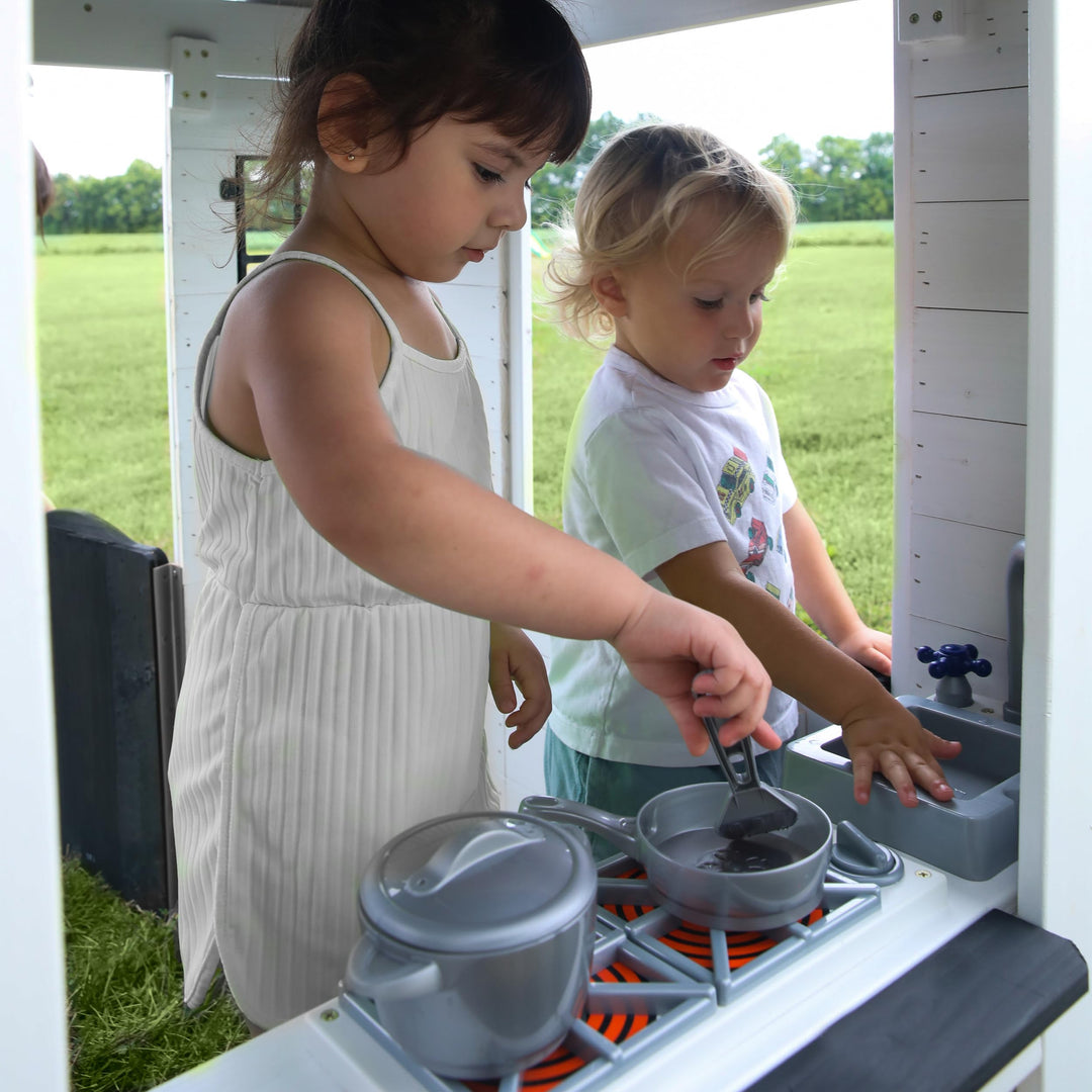 Backyard Discovery Sweetwater All Cedar White Modern Outdoor Wooden Playhouse, Cottage, Sink, Stove, Windows, Kitchen with Pot and Pans and Utensils, Flowerpot Holders, Working Doorbell, Ages 2-6