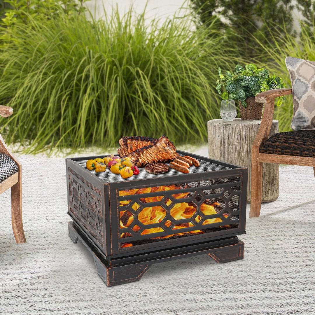 Hykolity 26 Inch Outdoor Fire Pit Square Extra Deep Wood Burning Firepits Large Bonfire with Cooking Grate & Poker for Outside, Patio, Backyard