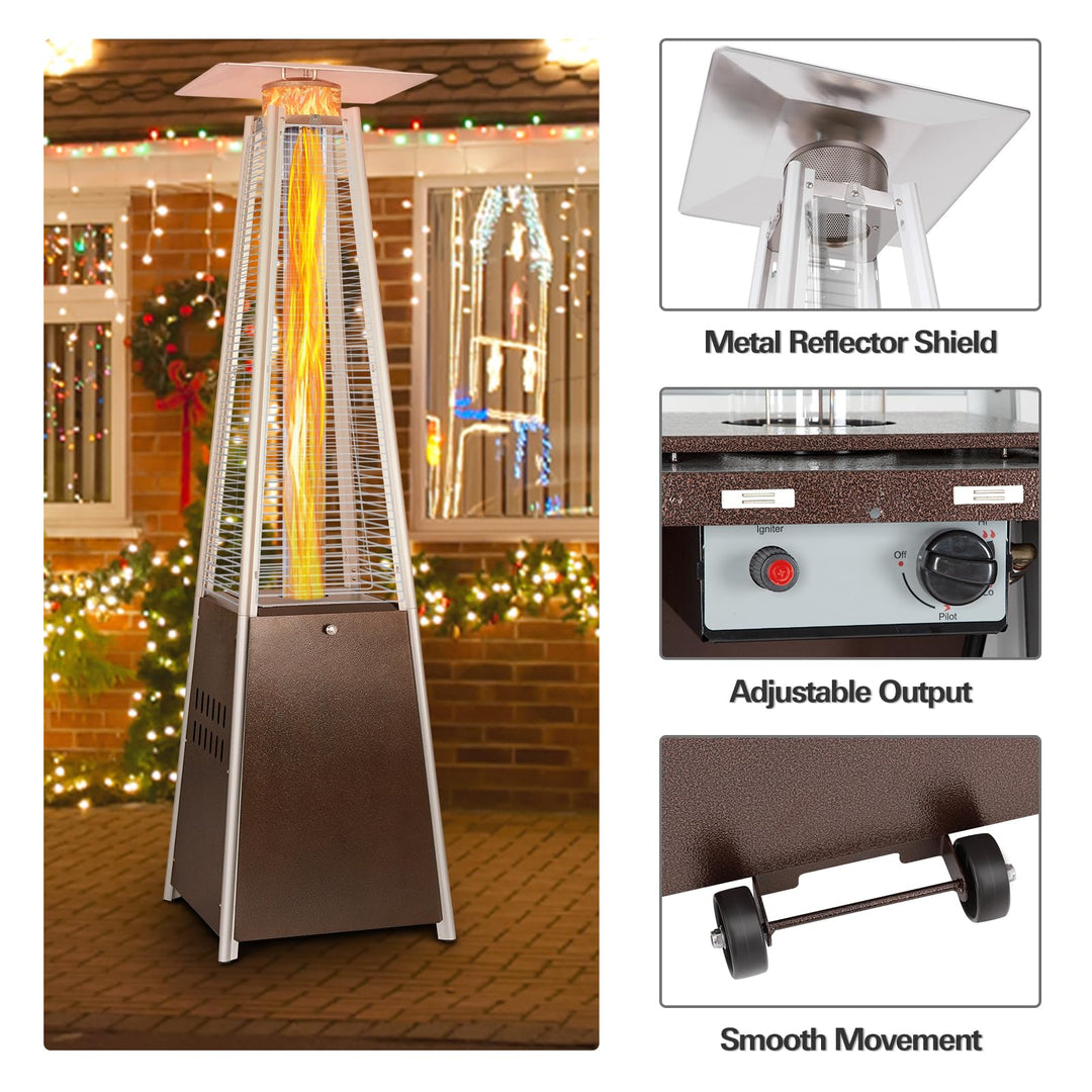 Hykolity Pyramid Patio Heater, 48000 BTU Glass Tube Propane Patio Heater with Wheels and Cover, Outdoor Propane Heaters for Patio, Backyard, Garden, Porch, and Pool, Bronze