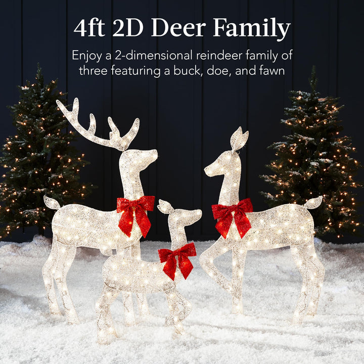 Best Choice Products 4ft 3-Piece 2D Lighted Christmas Deer Family Set, Large Outdoor Yard Reindeer Holiday Decoration with 175 LED Lights, Stakes, Zip Ties - White