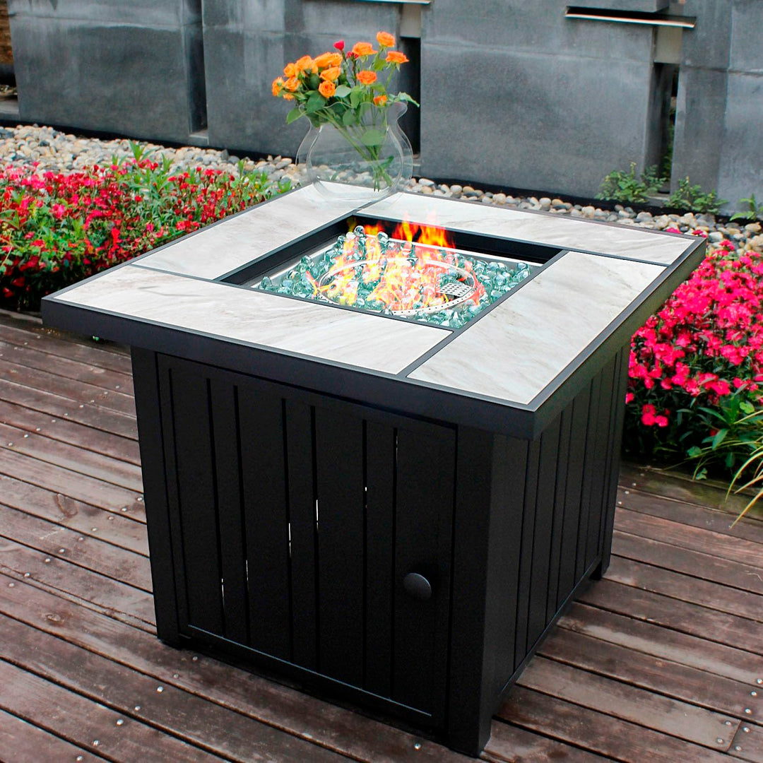 OutVue 30" Propane Fire Pit with Real Ceramic Tabletop, 50000 BTU Gas Fire Pit Table with Lid & Glass Rock, Outdoor Fire Pit for Dining or Party, Firepit for Outside, Patio, Garden, Yard