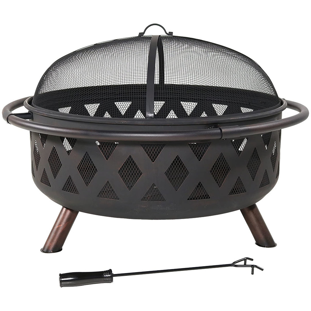 Sunnydaze Black Crossweave Steel Wood-Burning Outdoor Fire Pit - Includes Spark Screen, Poker and Cover - 36-Inch Round