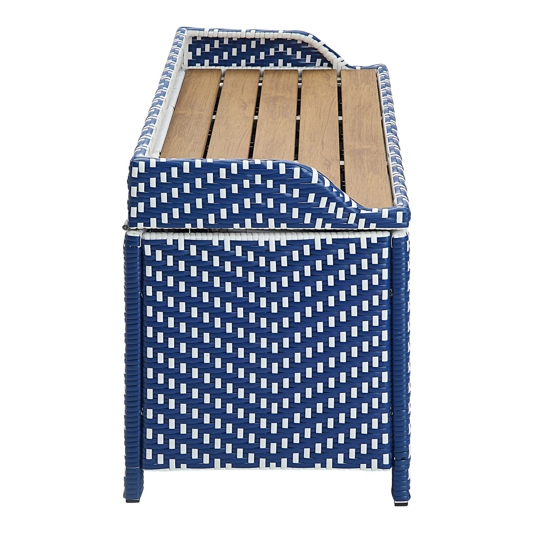 Greemotion Azur Beach Aluminum and All-Weather Wicker 41 in. Wide Storage Bench for Garden, Backyard, Patio, Pool Area, Porch, Navy Blue and White